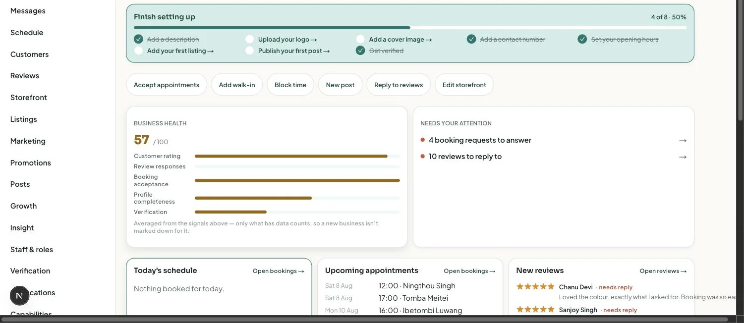 The Ovynta Merchant OS Command Center — business-health score, today's bookings and appointments, and reviews to reply to